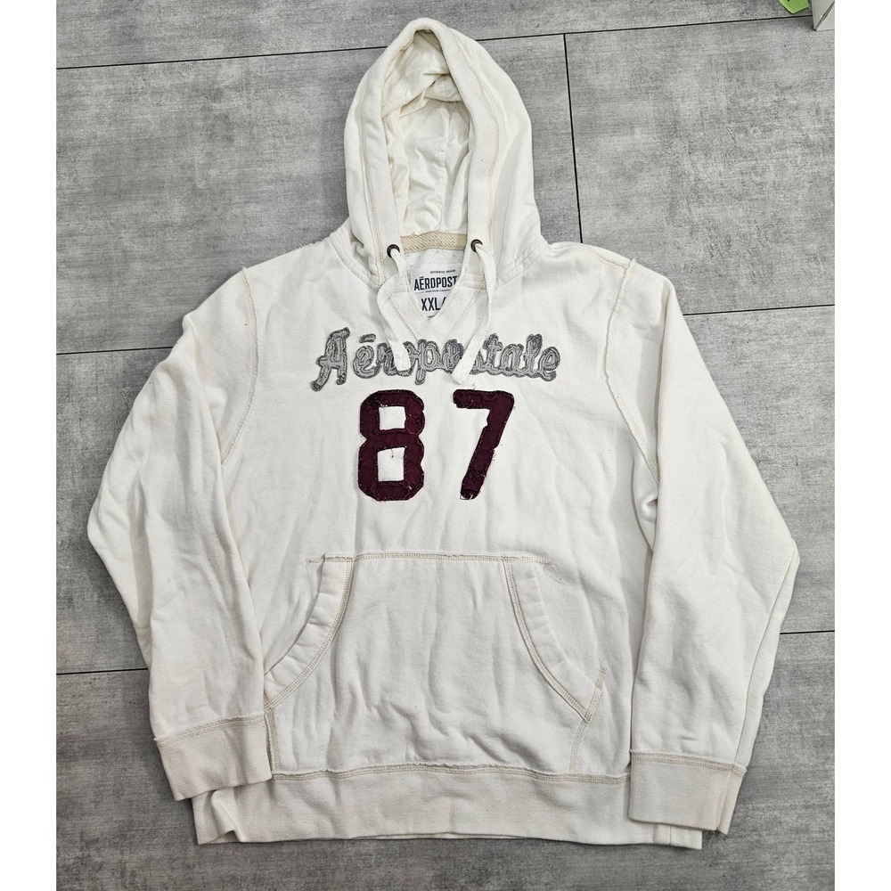 Aeropostale Mens XXL Cream White Distressed Applique Logo 87 Pullover Hoodie